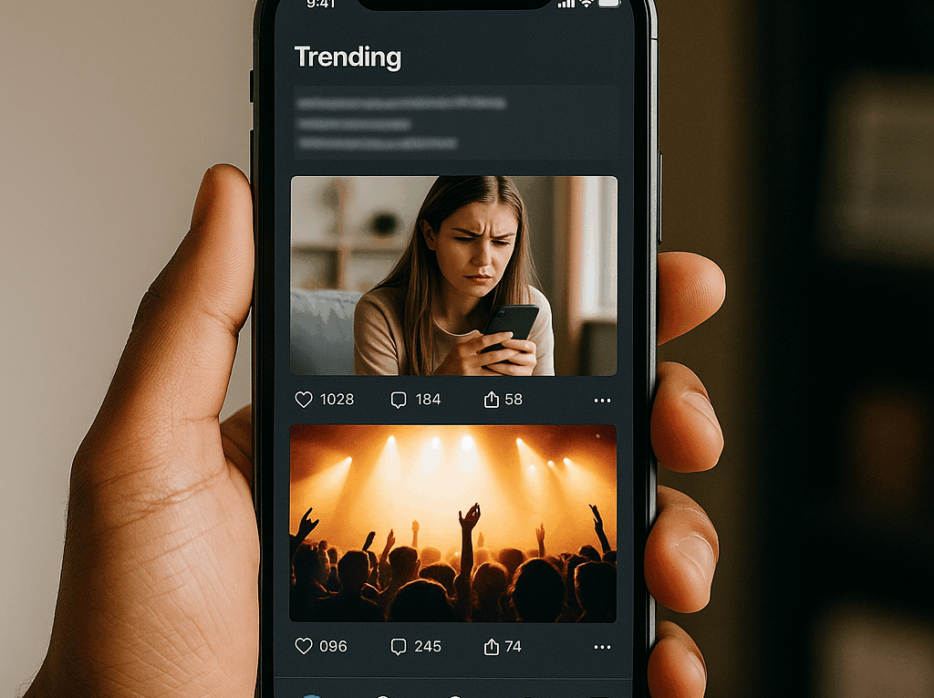 Trending media sosial di smartphone dengan konten viral, tangan memegang ponsel menampilkan feed populer.