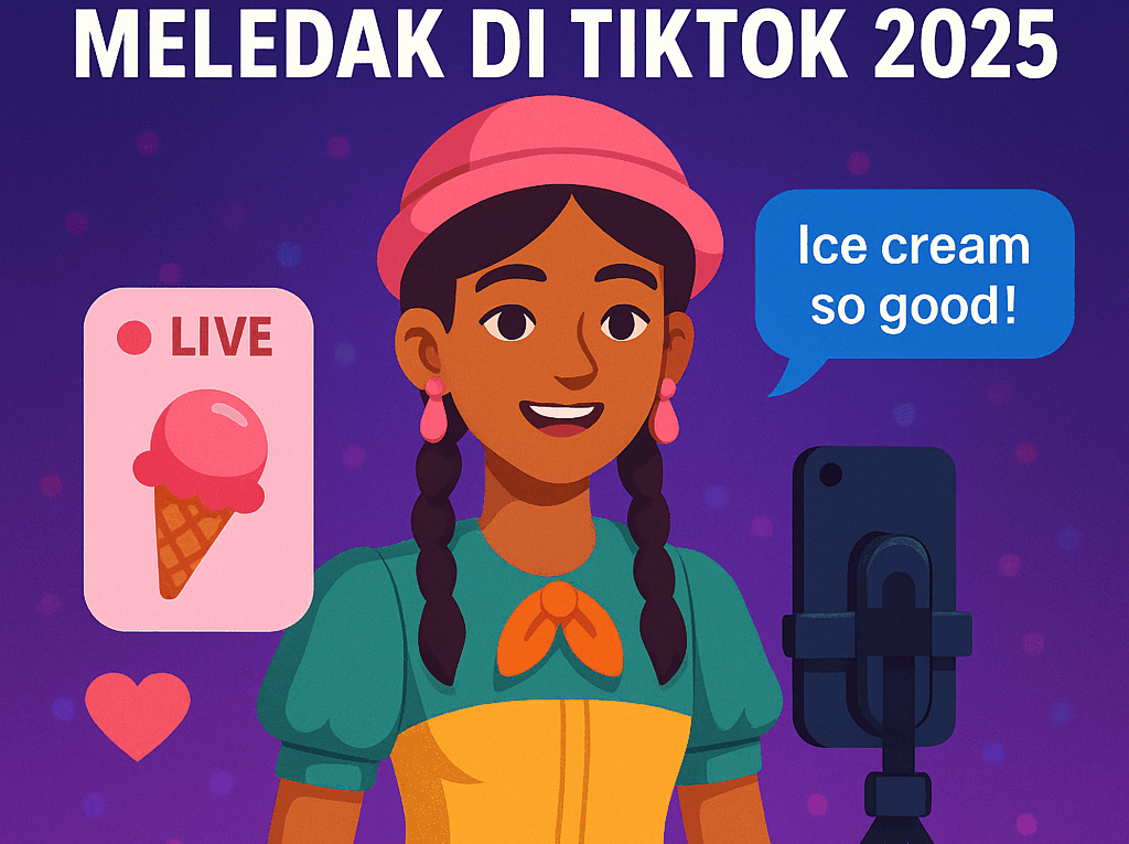 Ilustrasi karakter NPC live di TikTok 2025 dengan gaya digital cerah dan teks Fenomena NPC Live Meledak di TikTok 2025
