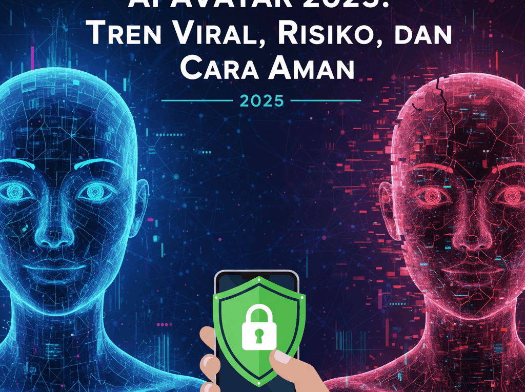 Dua kepala avatar AI bercahaya (biru dan merah) saling berhadapan, dengan tangan memegang ponsel yang menampilkan perisai keamanan. Teks: "AI AVATAR 2025: Tren Viral, Risiko, dan Cara Aman