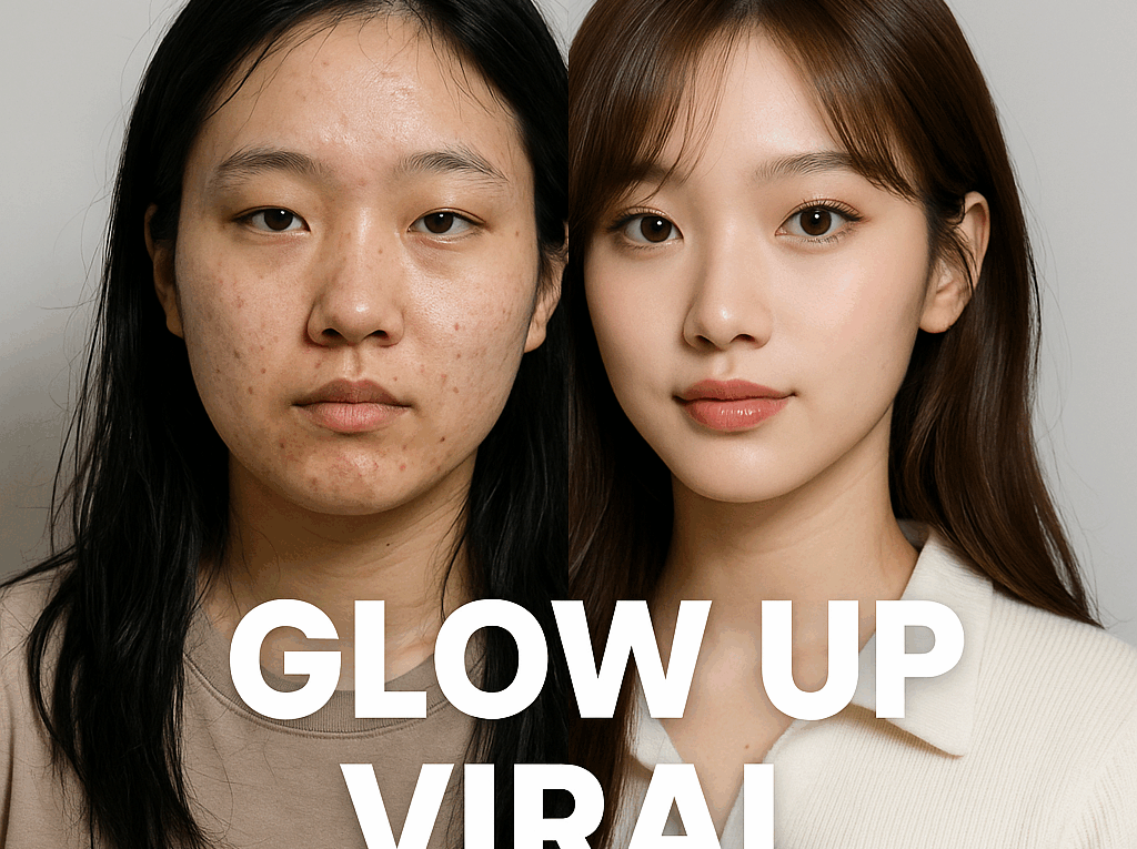 Perbandingan before-after glow up viral; sisi kiri menampilkan remaja dengan tampilan natural, sisi kanan menunjukkan hasil transformasi dengan kulit lebih cerah, rambut rapi, dan gaya lebih modern, disertai teks “Glow Up Viral”.