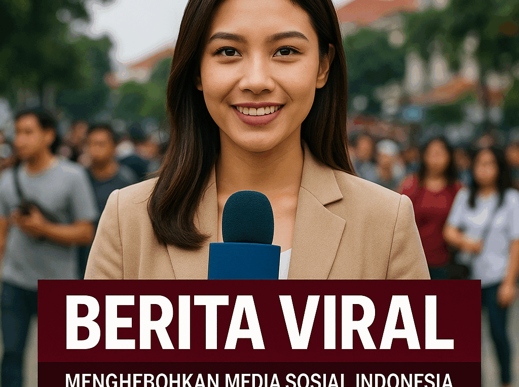 “Reporter wanita Indonesia meliput berita viral di tengah keramaian dengan latar suasana kota Indonesia.”