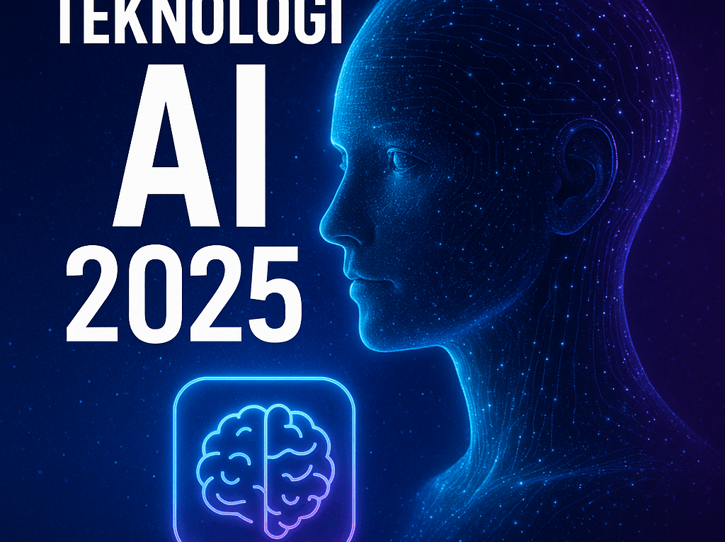 Ilustrasi futuristik bertema teknologi AI 2025 dengan siluet kepala digital biru, pola jaringan neural bercahaya, dan ikon otak neon di latar biru-ungu.